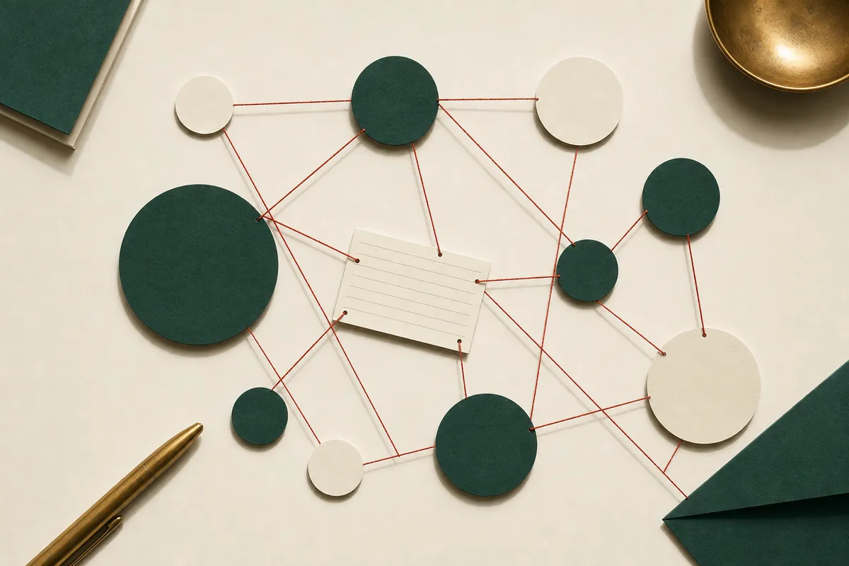 Paper circles in green and cream connected by thin red threads, like leads routed between systems