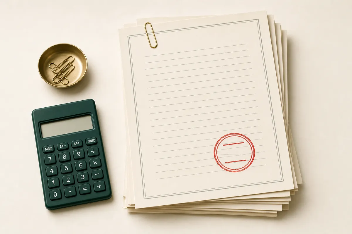 A stack of ruled policy documents with a red rubber-stamp mark, a brass paperclip and a green calculator